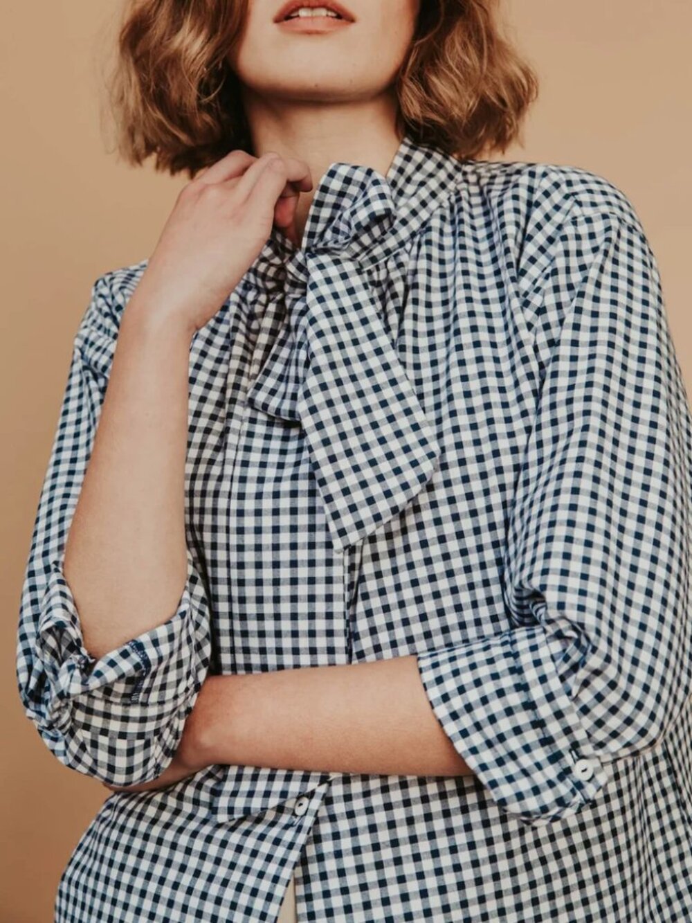 Margot Molyneux Navy and White Gingham Button Front Top